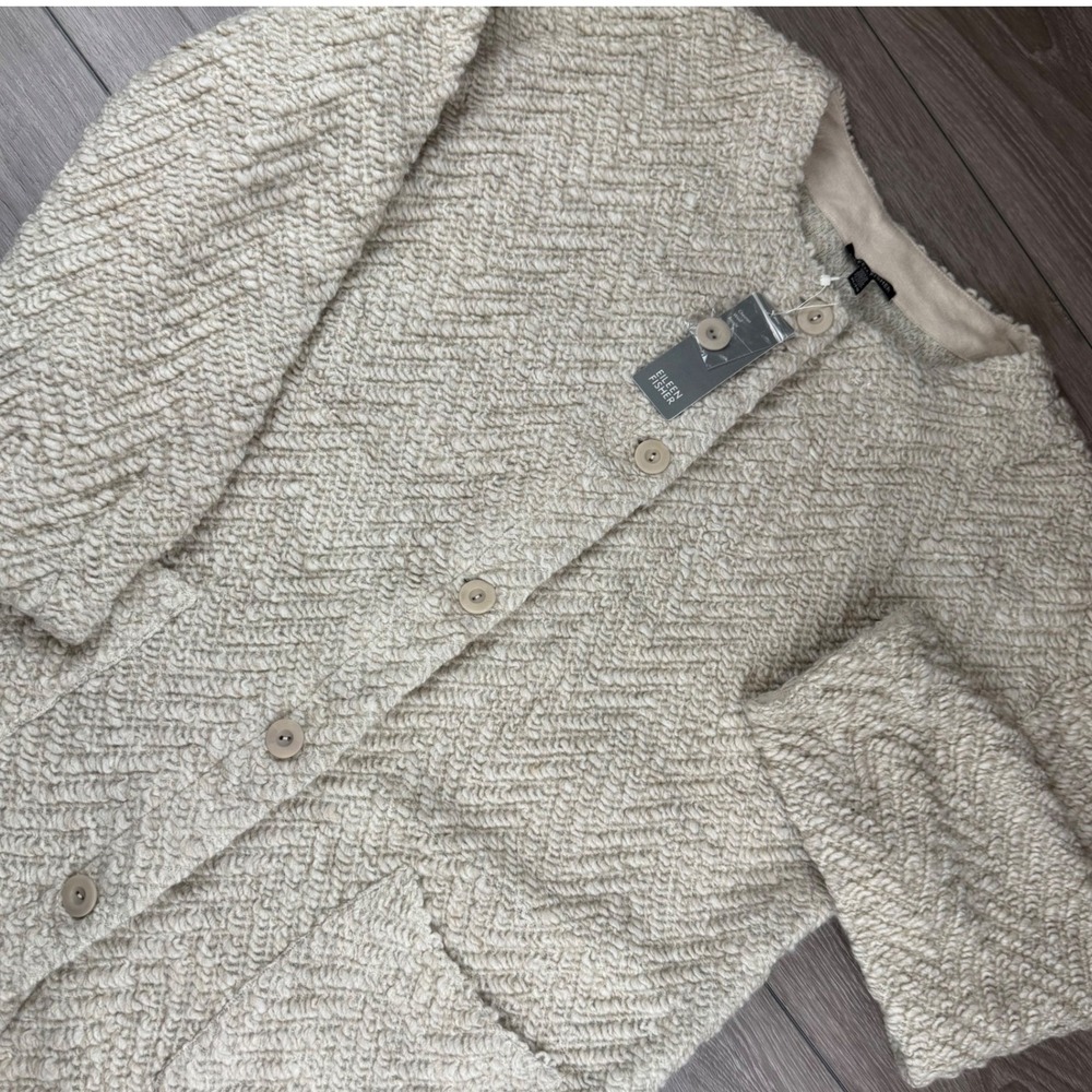 Eileen Fisher Womens Long Jacket Wool Alpaca Blend Boucle Cream XL NWT